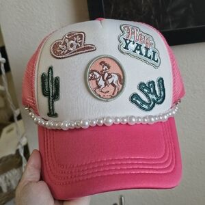 Pink and White Womens Hat with Western Patches